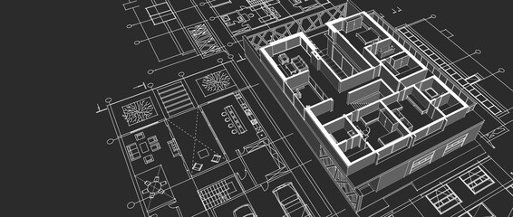 house sketch project facades plans sections 3d illustration