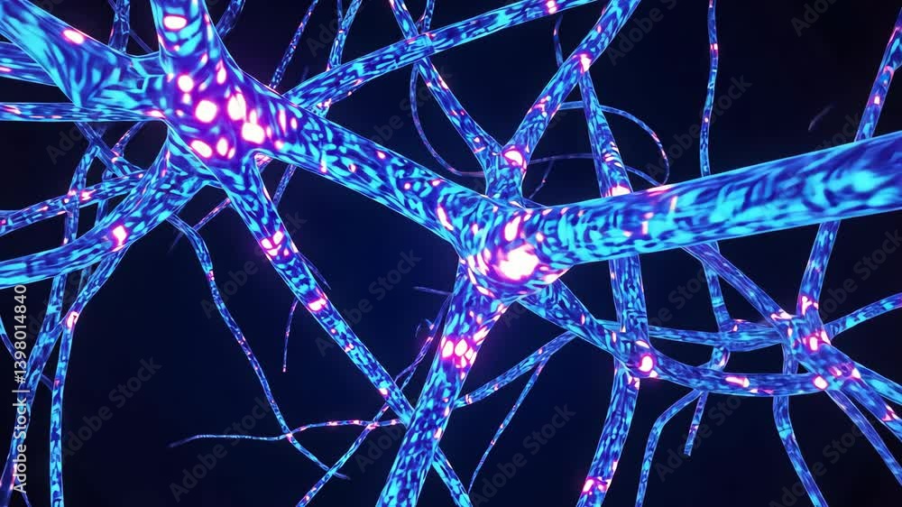 Poster interconnected neurons transmitting signals, glowing synapse network, brain cell communication and n