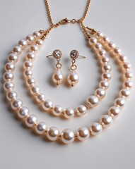 Obraz premium A pearl drop earrings and necklace jewelry set in plain white background