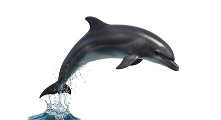 Dolphin Leaping From Water Isolated on White Background with Splashing Waves