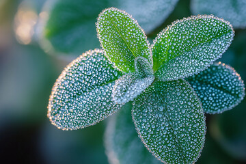 Macro  close-up  of  fresh  green  leaves  covered  in  morning background