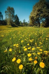 Obraz premium Blooming dandelion field under clear blue sky. Ideal for springtime concepts, eco visuals, seasonal prints, or nature-themed designs.