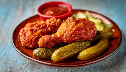 A Detailed View of Spicy Fried Chicken and Pickles with a Side Dish in the Background
