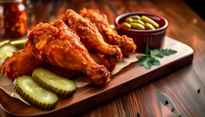 A Detailed View of Spicy Fried Chicken and Pickles with a Side Dish in the Background
