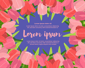 Illustration of a floral background featuring various tulips flowers, with a text placeholder. Ideal for banners, covers, greeting cards, invitations, posters, and other design templates. Hand-drawn