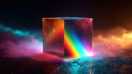 A Crystal Prism Slicing Light into Spectral Beams with Technicolor Galaxy Backdrop.