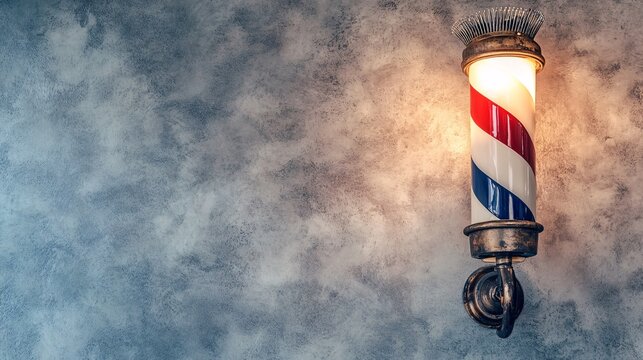 Illuminated barber pole wall mount, textured background, shop interior, advertising