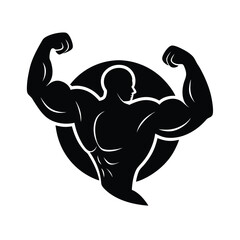 Bodybuilder Silhouette In Circle Demonstrating Muscular Strength And Fitness Posing In Vector Style