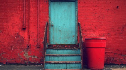 Rustic Charm: Teal Door and Red Brick Wall