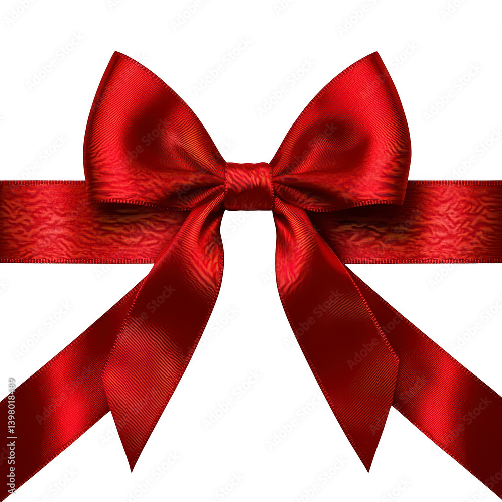 Poster vibrant red ribbon bow with glossy finish is elegantly tied, creating festive and celebratory atmosp