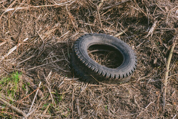 Tire is laying on the ground in a field