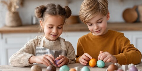Obraz premium Two girls joyfully decorate Easter eggs in a bright kitchen.