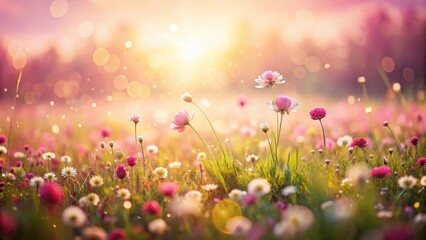 Fototapeta premium Serene Sunset Meadow Delicate Pink and White Blossoms Bask in the Golden Hour Light