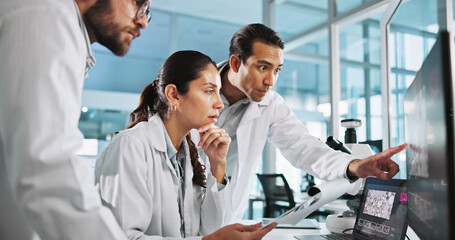 Teamwork, people or scientists on computer for vaccine breakthrough, clinical trial or DNA...