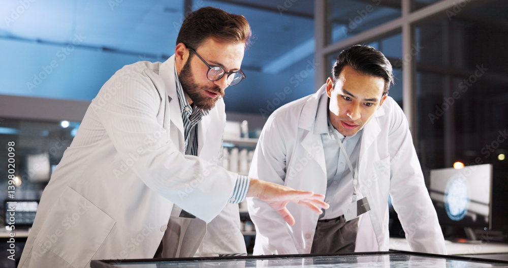 Poster scientist, people and collaboration with screen for lab review, medical research or teamwork. techno