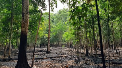 A forest with both green trees and blackened, scorched trunks.