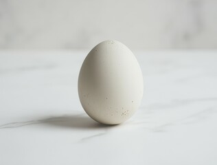 minimalist photo of lone egg with speckled shell placed on white table with dramatic lighting
