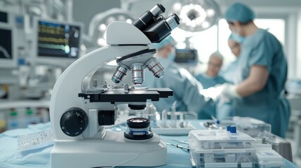 A laboratory scene featuring a microscope in focus, with medical professionals working in the background, highlighting a clinical environment.