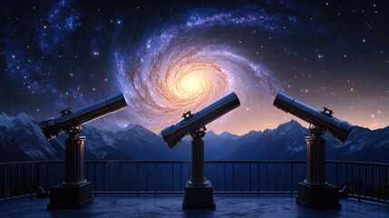 Three large telescopes on a balcony overlooking a nighttime sky dominated by a glowing spiral galaxy.