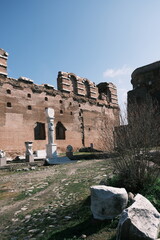 red basilica or red hall is a monumental ruined temple in the city of Pergamon . Temple was built during roman empire in the time of Hadrian unesco world heritage