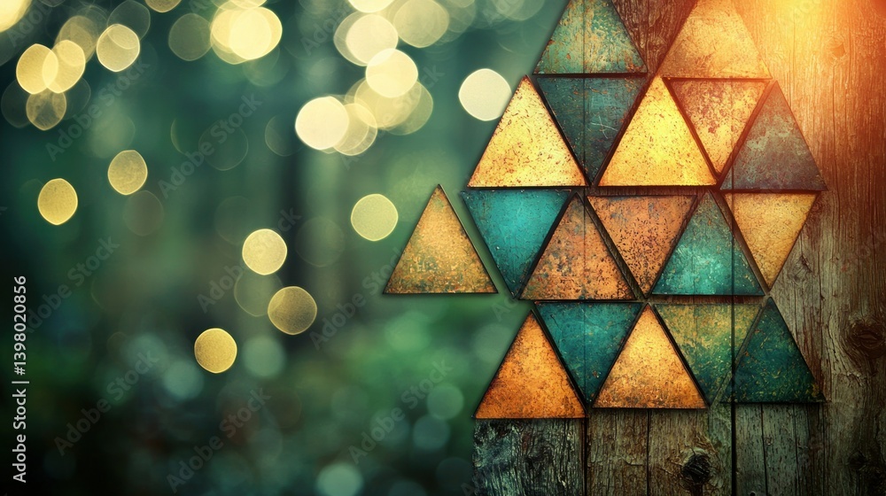Poster abstract geometric design on rustic wooden background with bokeh lights