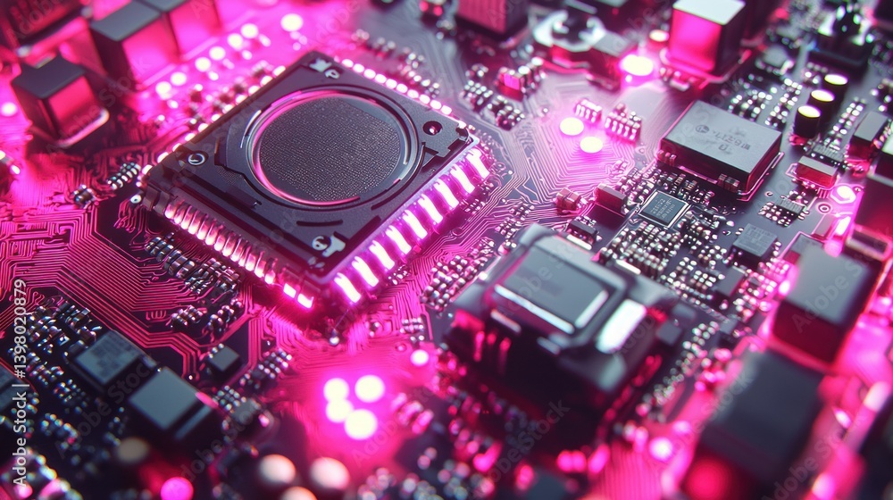 Poster illuminated circuit board: a close-up view of advanced microchip technology