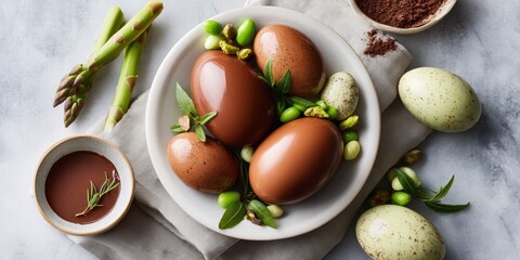 Three colorful eggs and two green asparagus arranged on a plate for Easter celebration.
