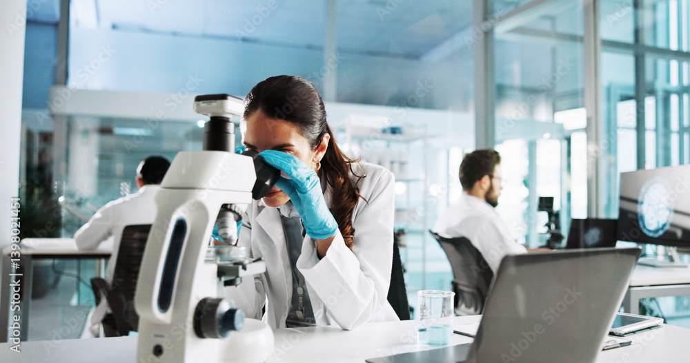Poster scientist, woman or microscope with analysis in laboratory for sample testing or medical research. b