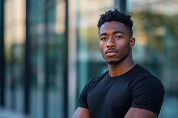 Fototapeta premium Portrait of a handsome man with dark hair wearing a black shirt standing outdoors looking at the camera