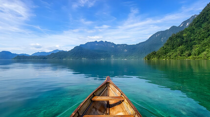 Obraz premium Wooden Boat On Turquoise Lake With Mountains View