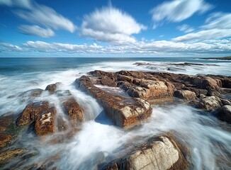 Fototapeta premium Photograph the iconic coast of Acadia, Maine: the lighthouse, rocky shore, and ocean waves