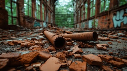 The remnants of a crumbling structure with scattered bricks and pipes, overrun by vibrant foliage, represents the interplay of decay and nature’s relentless resurgence in urban settings.