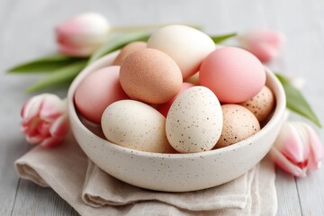 A colorful bowl filled with eggs, complemented by a blooming tulip in the background.