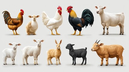 Farm Animals Collection: Roosters, Sheep, Goats, and Cattle