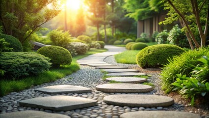 Fototapeta premium Serene Garden Path A Tranquil Stone Walkway Winding Through Lush Greenery Bathed in Golden Sunlight