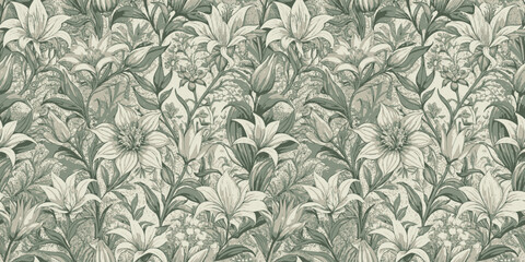 Intricate floral pattern featuring lush lilies in soft green tones.