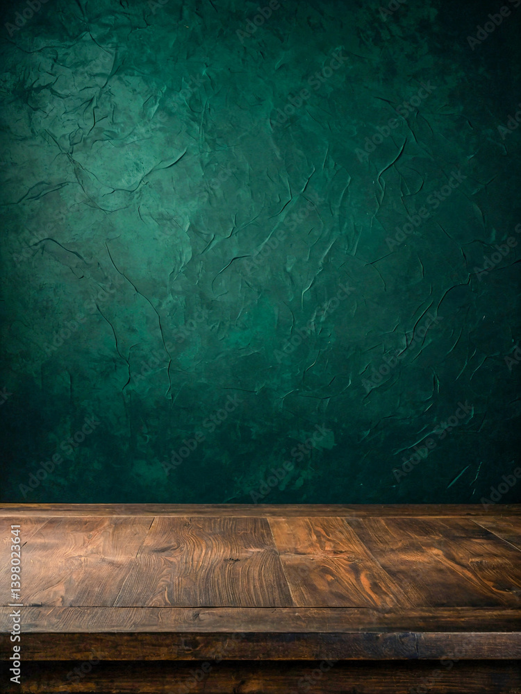 Poster empty table with dark green textured wall backdrop for product display.