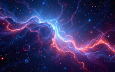 A vibrant cosmic scene depicting swirling clouds of gas and stars in deep space