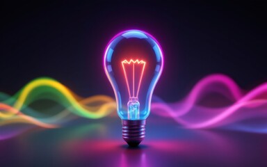 A luminous light bulb emits vibrant neon colors, surrounded by flowing waves of light in a dark setting