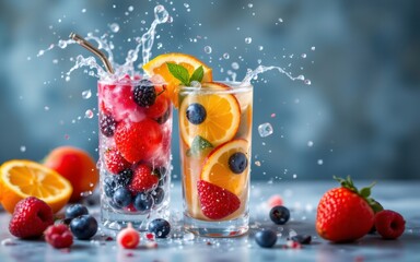 Vibrant fruit drinks featuring splash effects with fresh berries and citrus for a refreshing summer vibe