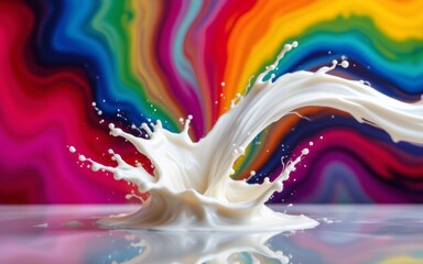 A vibrant splash of white liquid against a colorful swirl background, showcasing dynamic motion and vivid hues