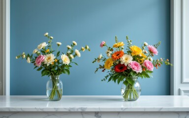 Two vibrant flower arrangements in glass vases create a colorful display against a blue backdrop