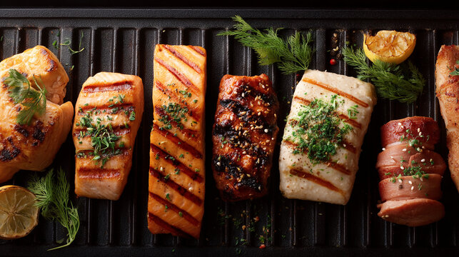 Grilled salmon fish and meat on grill pan delicious healthy food seafood meal barbecue cooking for dinner