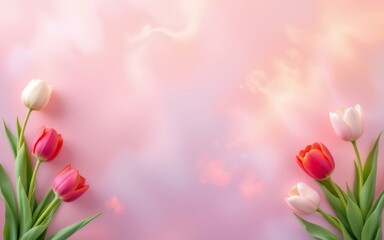 A vibrant arrangement of colorful tulips against a soft, pastel background