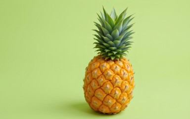 A vibrant pineapple with a textured exterior and green leaves against a bright green backdrop