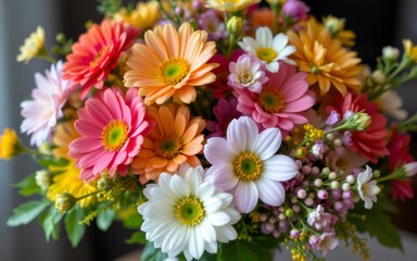 A vibrant bouquet featuring a mix of colorful flowers in various shapes and sizes, showcasing beauty and diversity