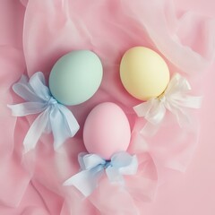 Fototapeta premium Three decorative eggs with bows on a pink background, featuring a blue bow accent.