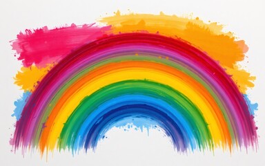 A vibrant, abstract painting of a multi-colored rainbow with brush stroke textures on a white background