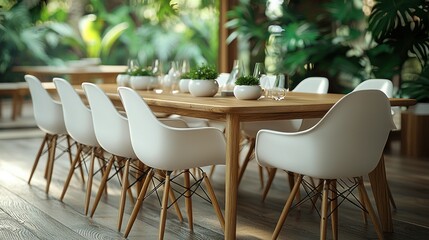 Obraz premium Serene Dining Setting: Minimalist Wooden Table and Eames-Style Chairs in Lush Greenery