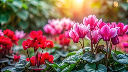 Vibrant pink and red cyclamen flowers blooming in a sunlit garden, showcasing their delicate petals and lush green foliage.